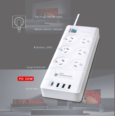 6 Outlet USB-A & USB-C Powerboard SANSAI PAD-8066