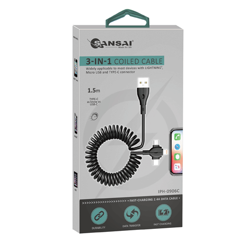 3-IN-1 Coiled Charging Cable SANSAI IPH-0906C