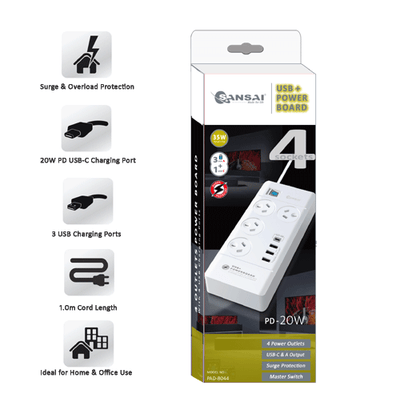 4 Outlet USB-A & USB-C Powerboard SANSAI PAD-8044