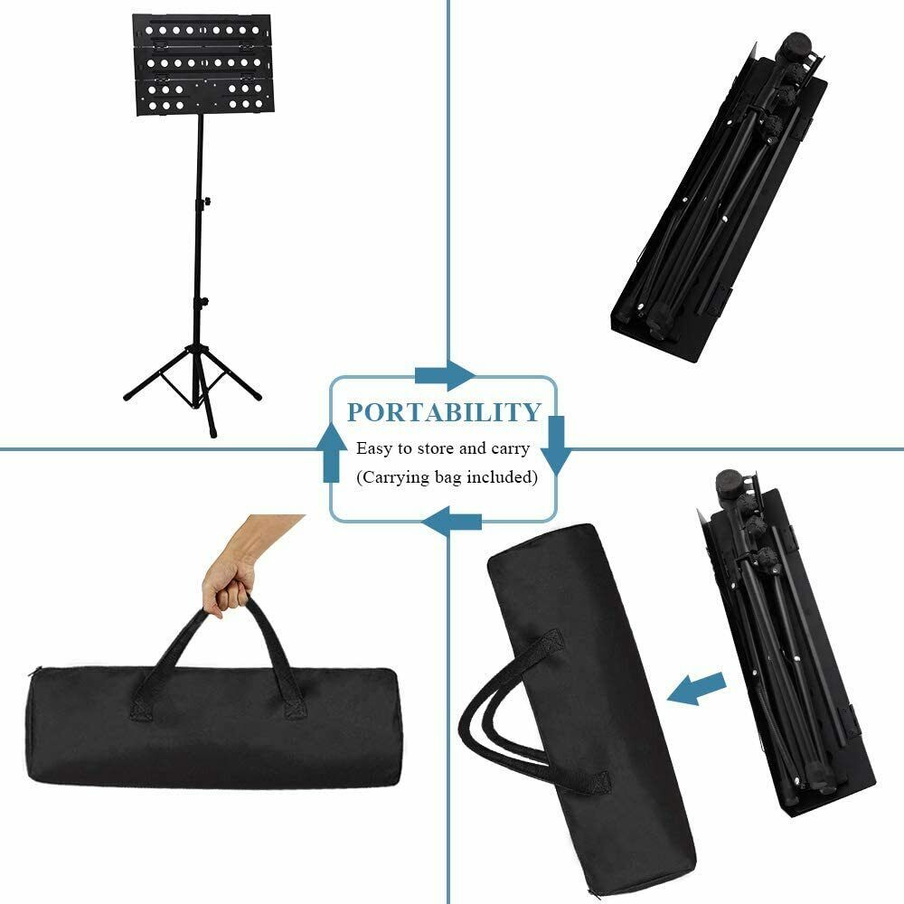 3 Plate Folding Design Sheet Music Stand Full Size Heavy Gauge Portable + Storage Bag