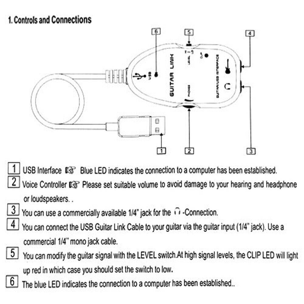 Guitar to USB Interface Link Cable Audio Adapter for PC/MAC Recording Black